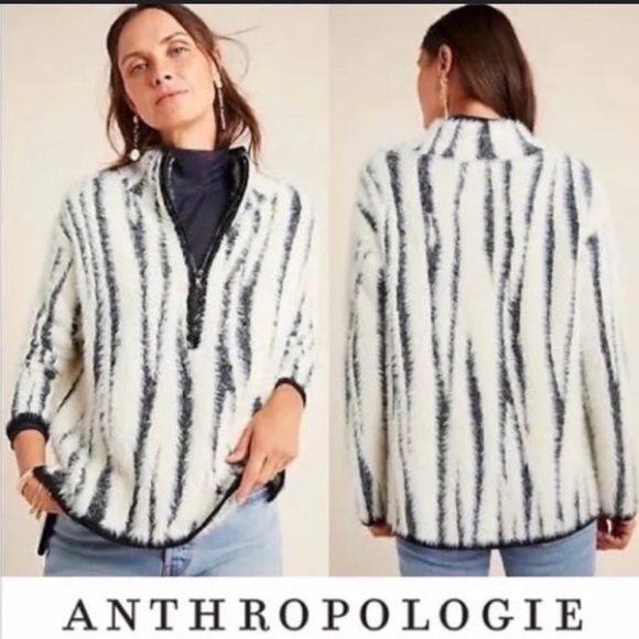 Anthropologie Cindy Eyelash Women Quarter Zip Brushed Knit Zebra Cozy Sweater S - Picture 1 of 9